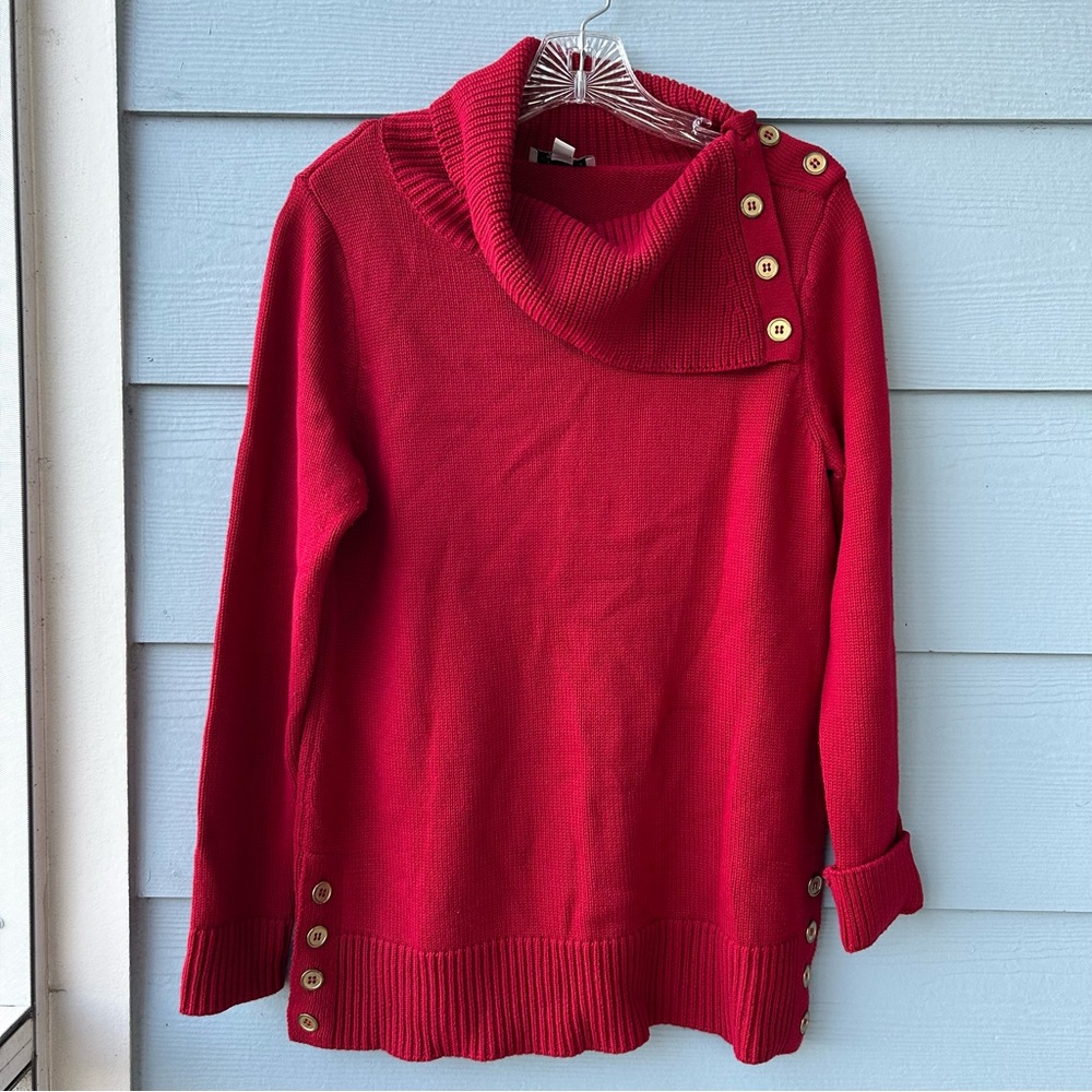 Susan Graver Red Cowl Neck Sweater with Button Accents